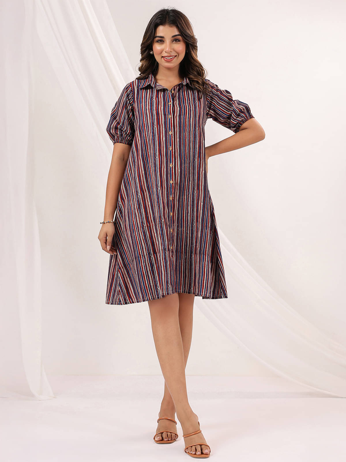 Janasya Women Cotton Striped A-line Dress ( Multi Color ) Janasya Women Cotton Striped A-line Dress ( Multi Color )