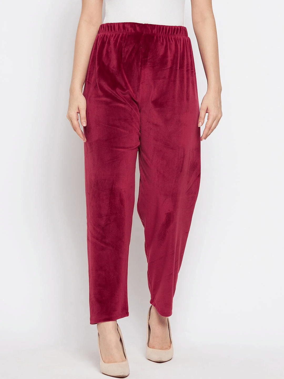     			MISS MEBINO Velvet Solid Women Pyjama ( Maroon )