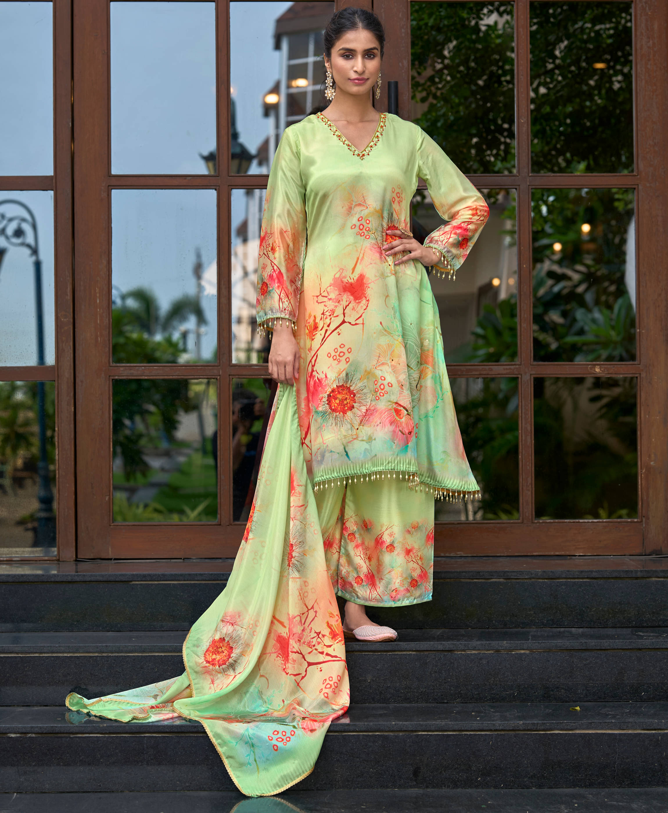 MOJILAA Women Chiffon Printed Flared Kurti With Palazzo ( Green ) MOJILAA Women Chiffon Printed Flared Kurti With Palazzo ( Green )