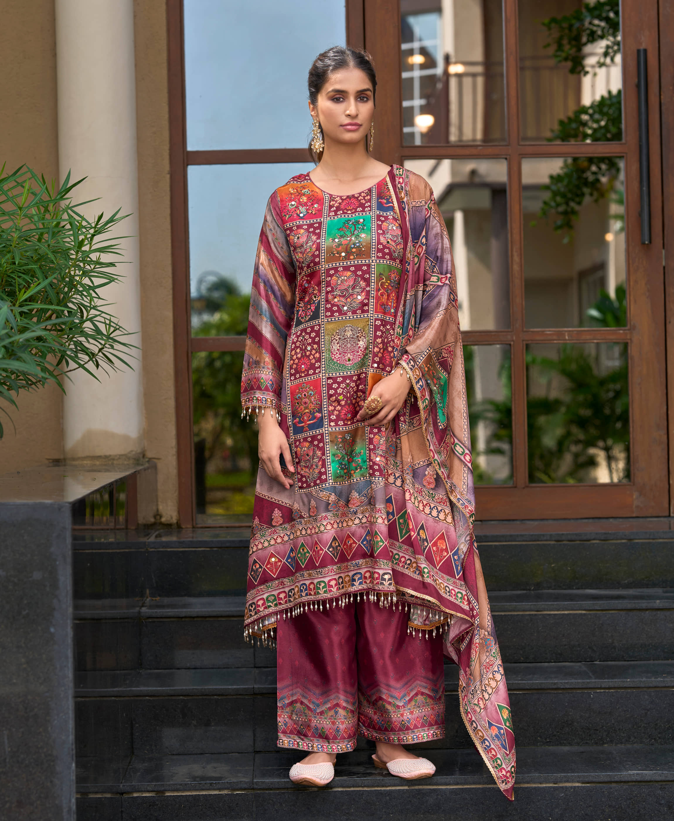 MOJILAA Women Chiffon Printed Flared Kurti With Palazzo ( Maroon )