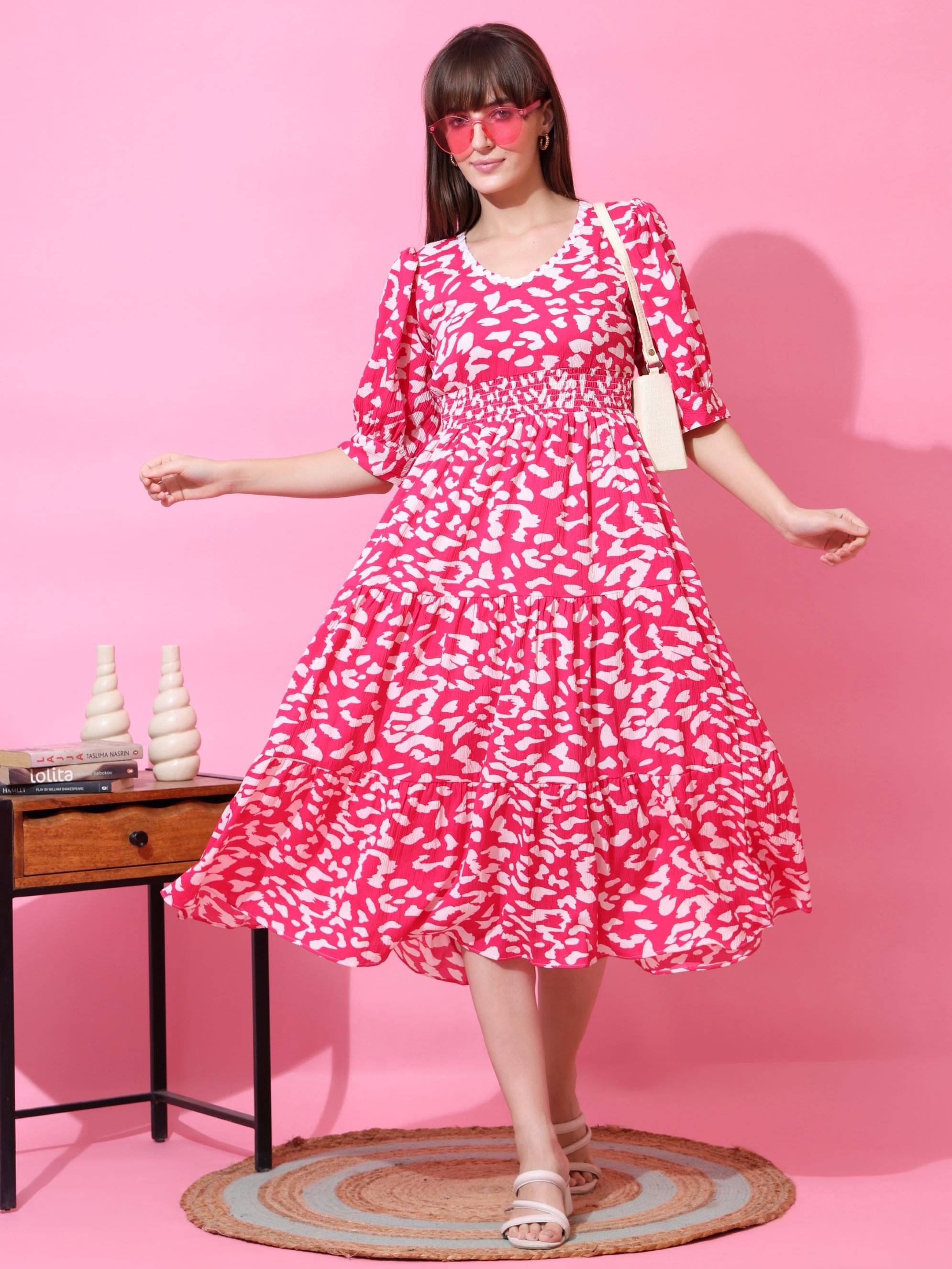 Sheetal associates Women Crepe Printed Fit & Flare Dress ( Pink ) Sheetal associates Women Crepe Printed Fit & Flare Dress ( Pink )