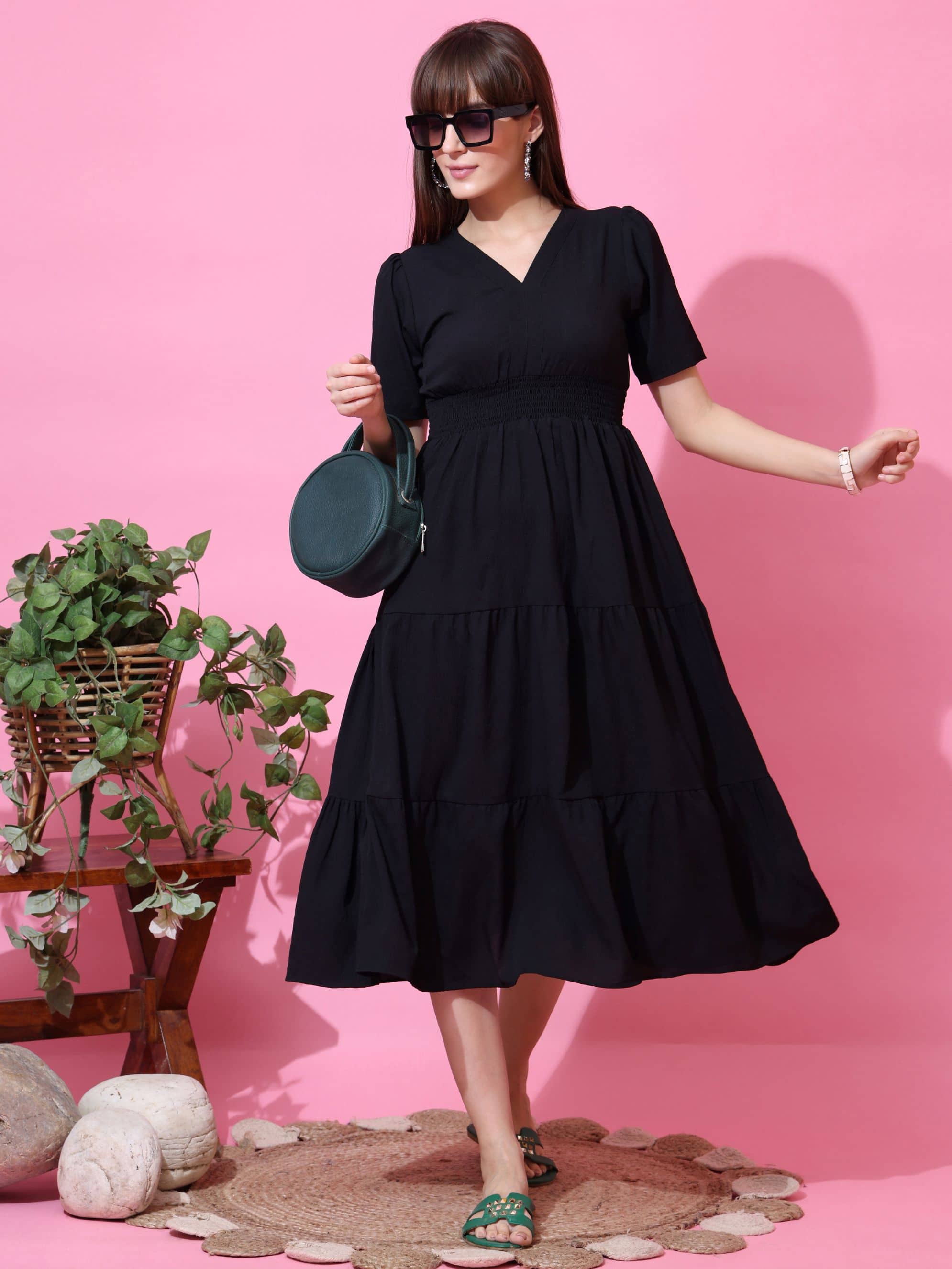 Sheetal associates Women Crepe Solid Fit & Flare Dress ( Black )
