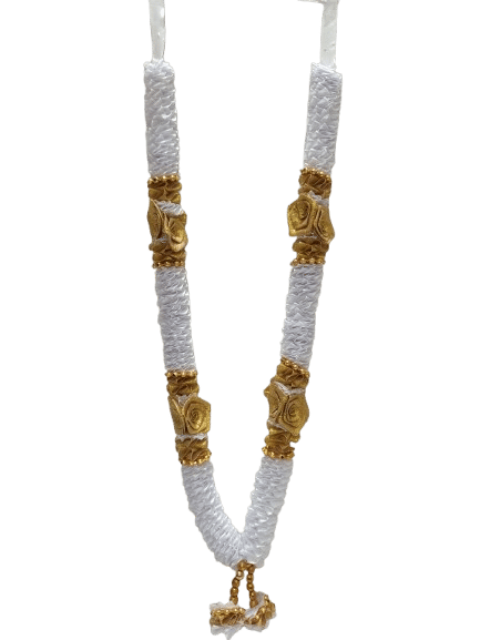 Sri Sainath Enterprises White Flowers with Gold Rose with Gold Ball Chains Garland/GOD MALA,Garland. Length- 17.5 INCHES Sri Sainath Enterprises White Flowers with Gold Rose with Gold Ball Chains Garland/GOD MALA,Garland. Length- 17.5 INCHES
