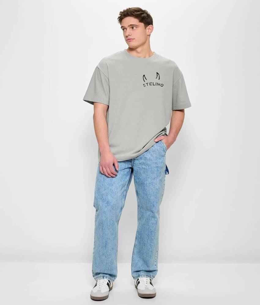 Stelino Men Cotton Blend Oversized Fit Printed T-Shirt ( Grey )     			Stelino Men Cotton Blend Oversized Fit Printed T-Shirt ( Grey )