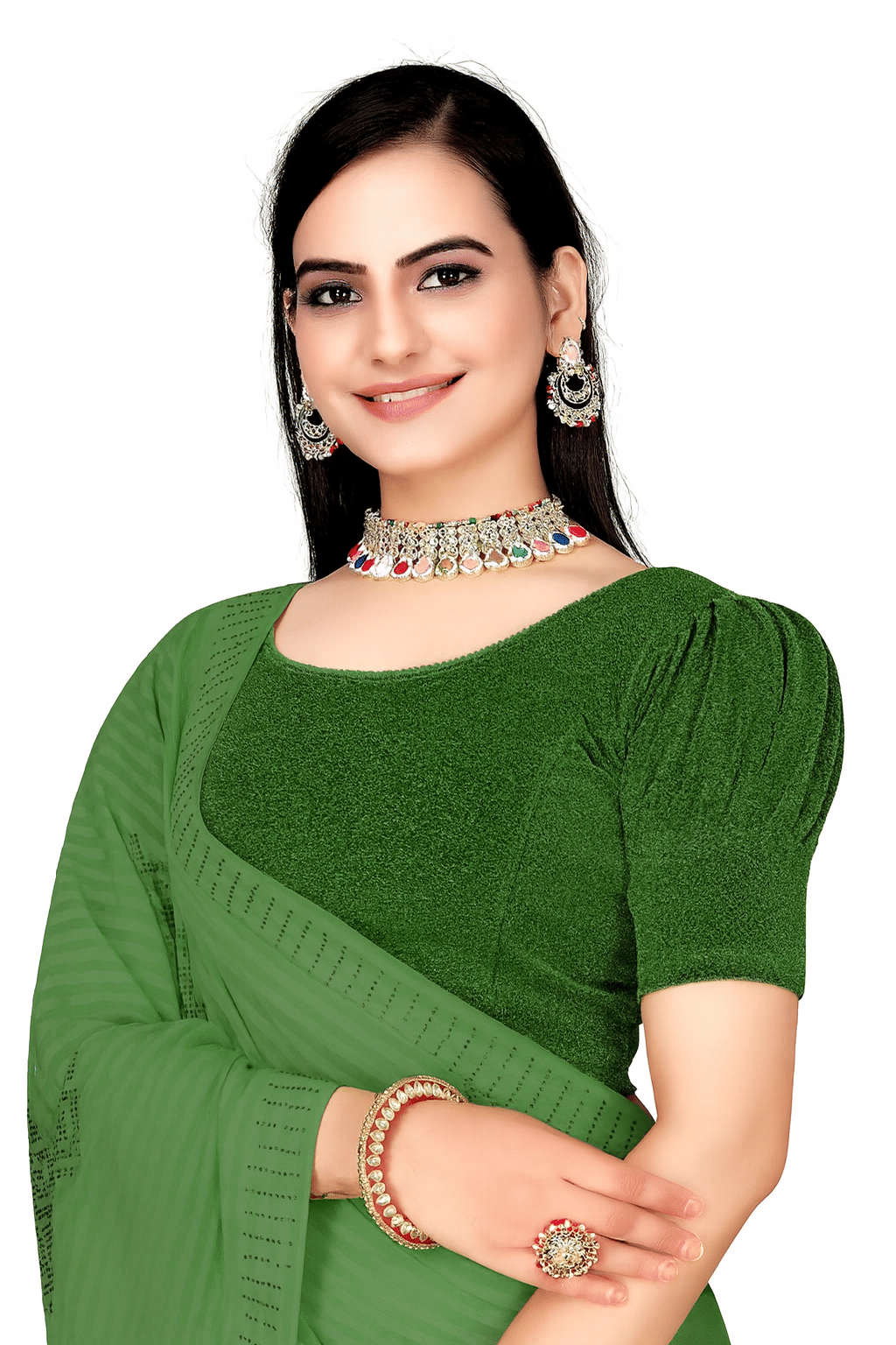 TANISHAM FEB TEX Shimmer Readymade without Pad Round Neck Women's Blouse ( Green ) TANISHAM FEB TEX Shimmer Readymade without Pad Round Neck Women's Blouse ( Green )