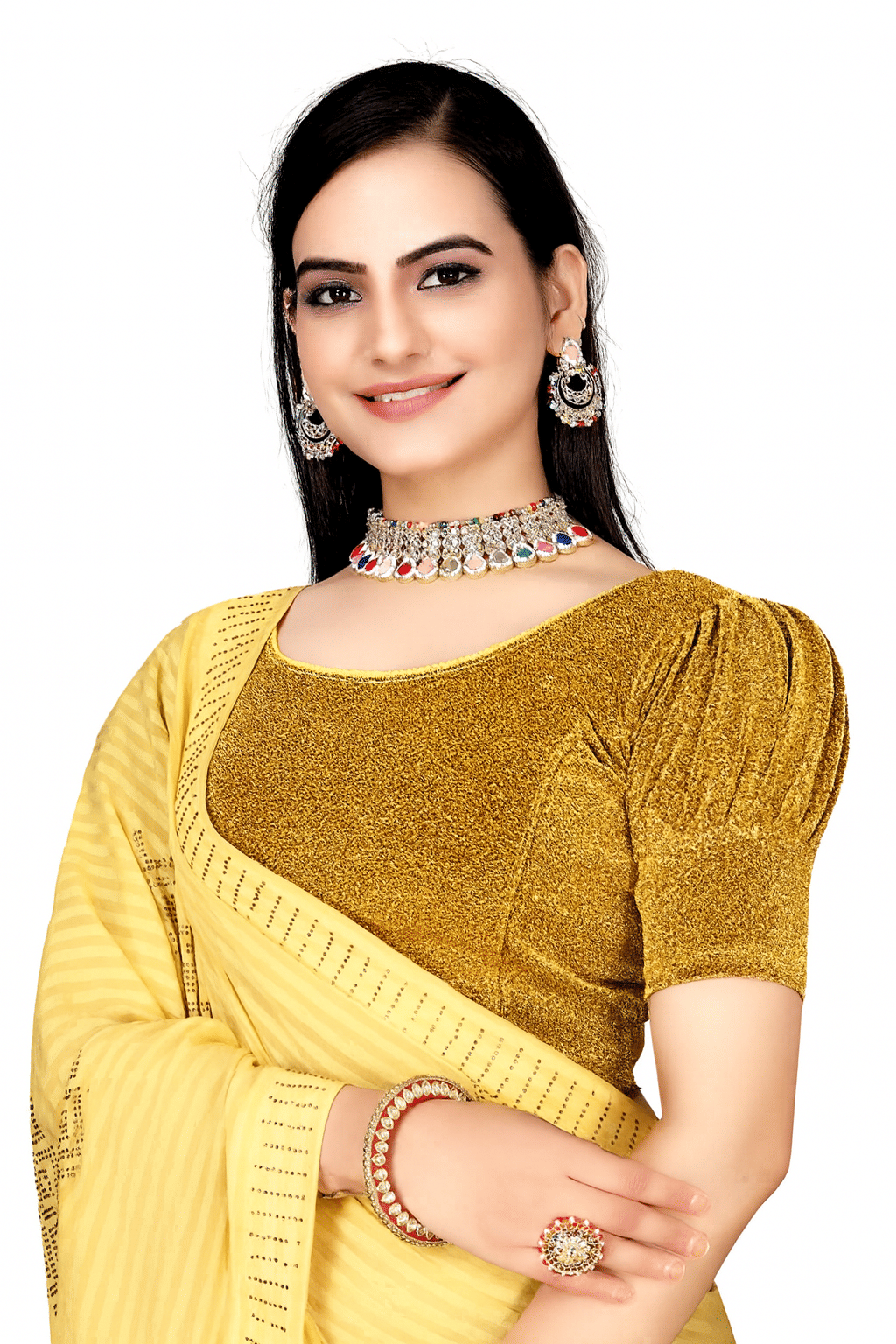 TANISHAM FEB TEX Shimmer Readymade without Pad Round Neck Women's Blouse ( Gold ) TANISHAM FEB TEX Shimmer Readymade without Pad Round Neck Women's Blouse ( Gold )