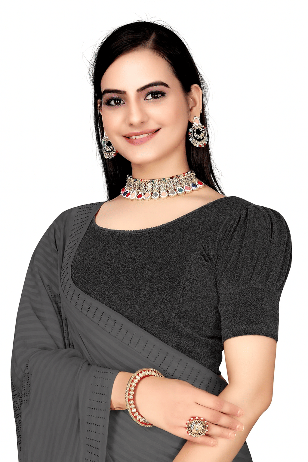     			TANISHAM FEB TEX Shimmer Readymade without Pad Round Neck Women's Blouse ( Black )