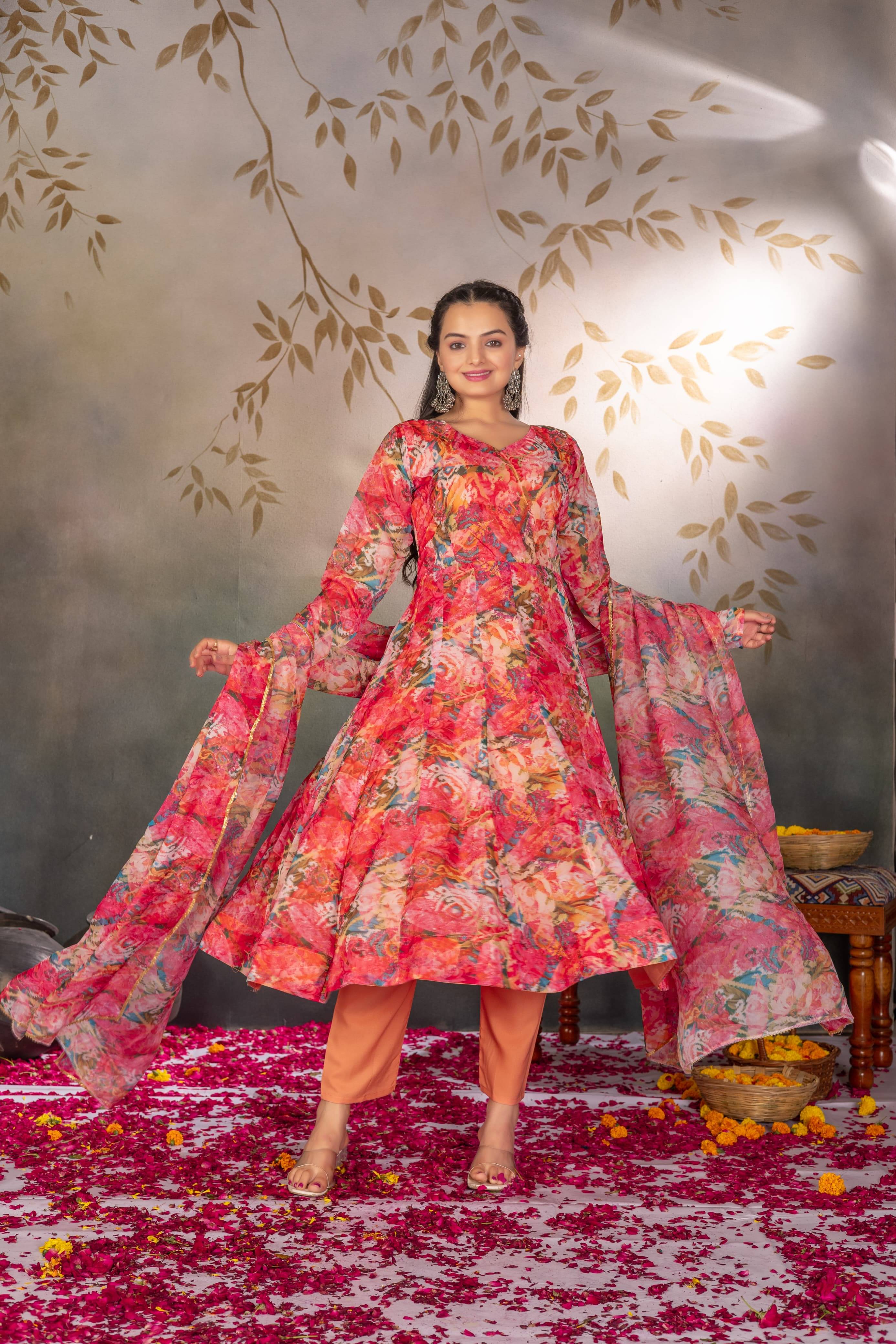 THE PRIVATE LABLE Women Organza Printed Anarkali Kurti With Pants ( Red ) THE PRIVATE LABLE Women Organza Printed Anarkali Kurti With Pants ( Red )