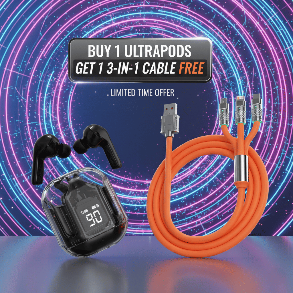     			Tws Ultrapods display bluetooth, Earbuds Pro + 3 in 1 data fast cable ,  Bluetooth Headphone + 3  in 1 charging cable