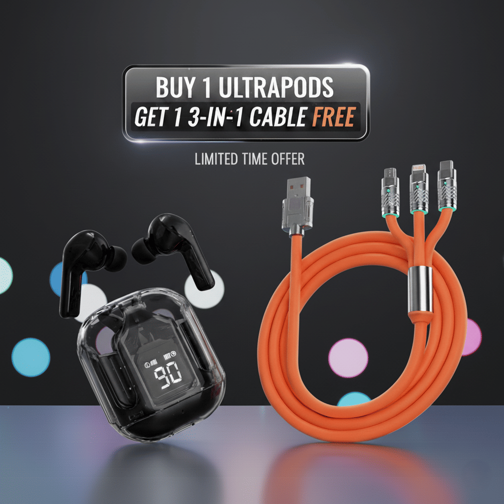     			Tws Ultrapods display bluetooth, Earbuds Pro + 3 in 1 data fast cable ,  Bluetooth Headphone + 3  in 1 charging cable