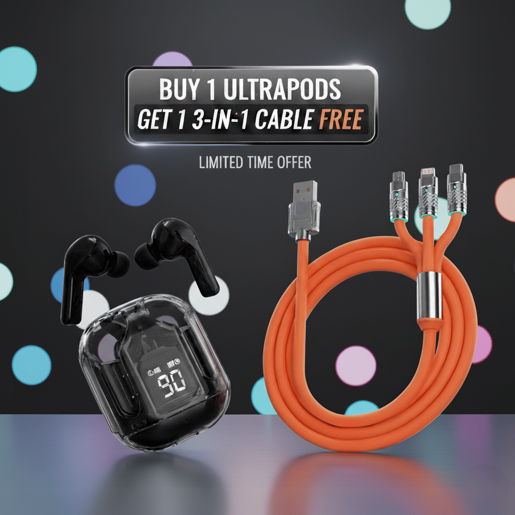     			Tws Ultrapods display bluetooth, Earbuds Pro + 3 in 1 data fast cable ,  Bluetooth Headphone + 3  in 1 charging cable