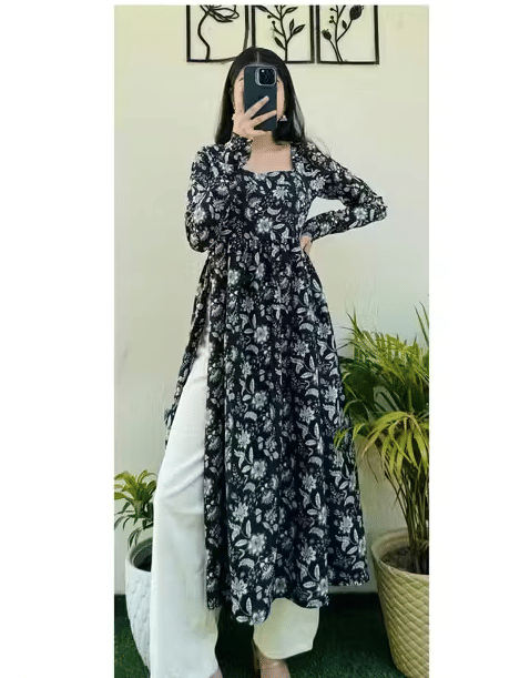     			UTSAAHIT Women Rayon Printed Nayra Kurti ( Black )