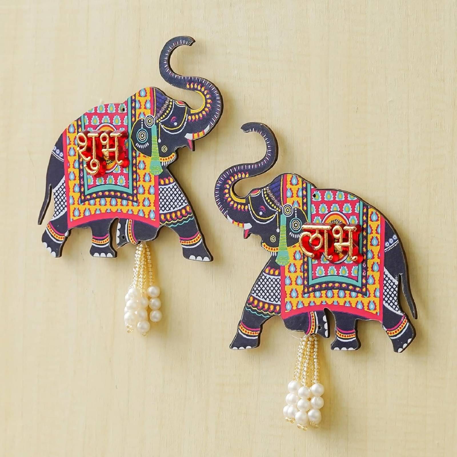 forral Decorative Elephant Subh Labh Wall Hanging with Pearl Tassels, Traditional Indian Design, 01 Pair     			forral Decorative Elephant Subh Labh Wall Hanging with Pearl Tassels, Traditional Indian Design, 01 Pair