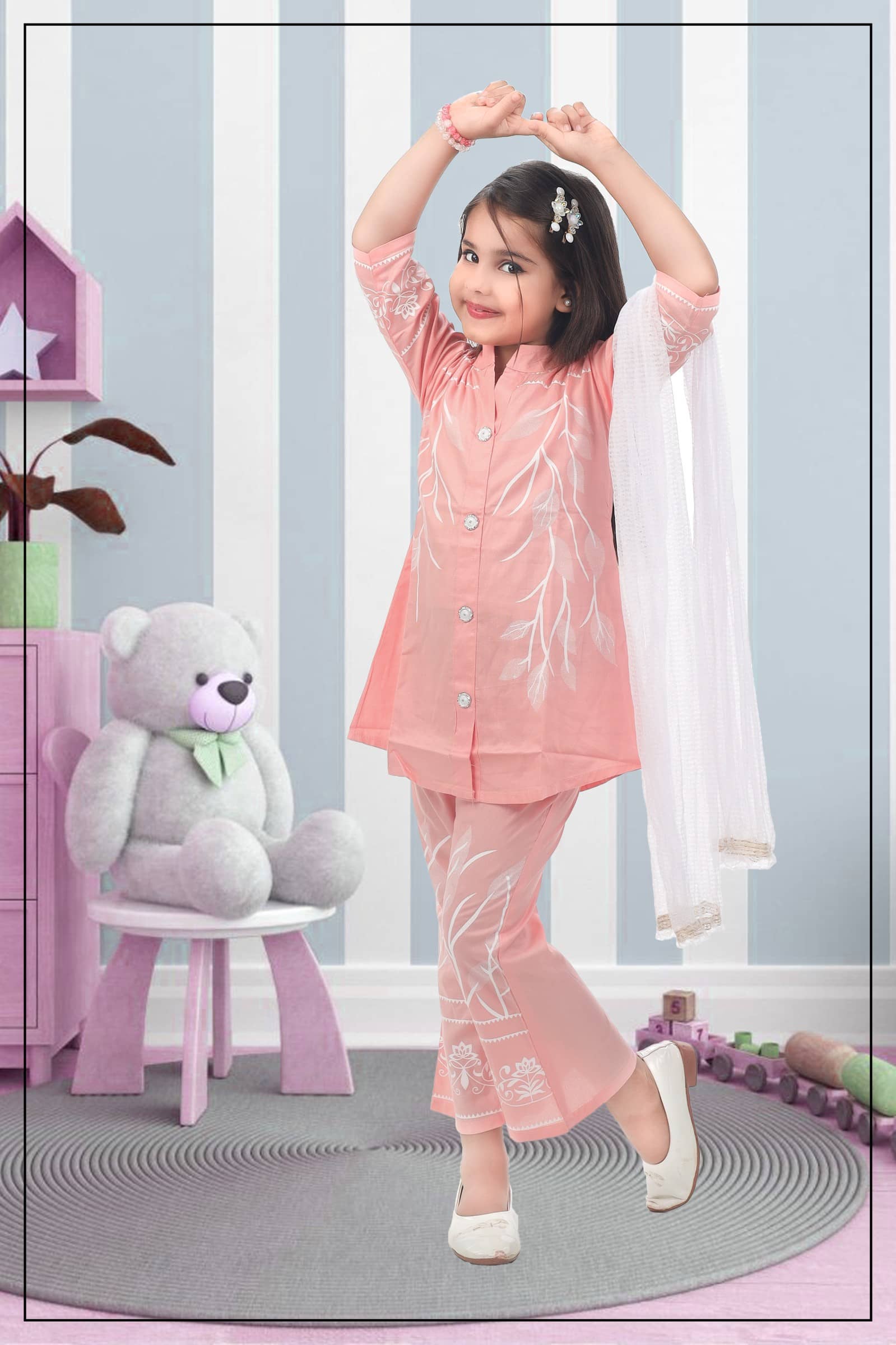 s muktar garments Girls Cotton Blend Kurti with Pants ( Pack of 1 , Peach )