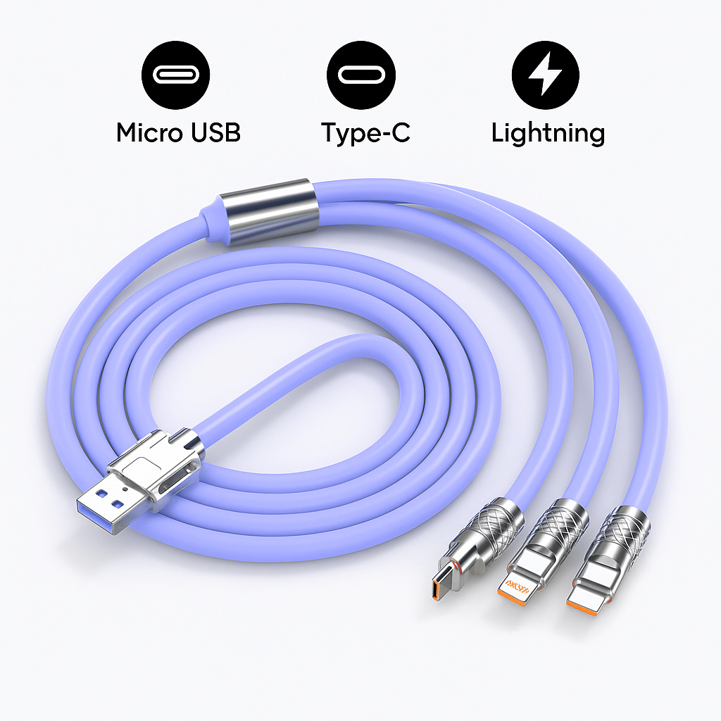     			"120W 3-in-1 Fast Charging Cable | Type-C, Micro USB & Lightning | Super Fast Charge, Durable Braided Design, Universal Compatibility for All Devices"
