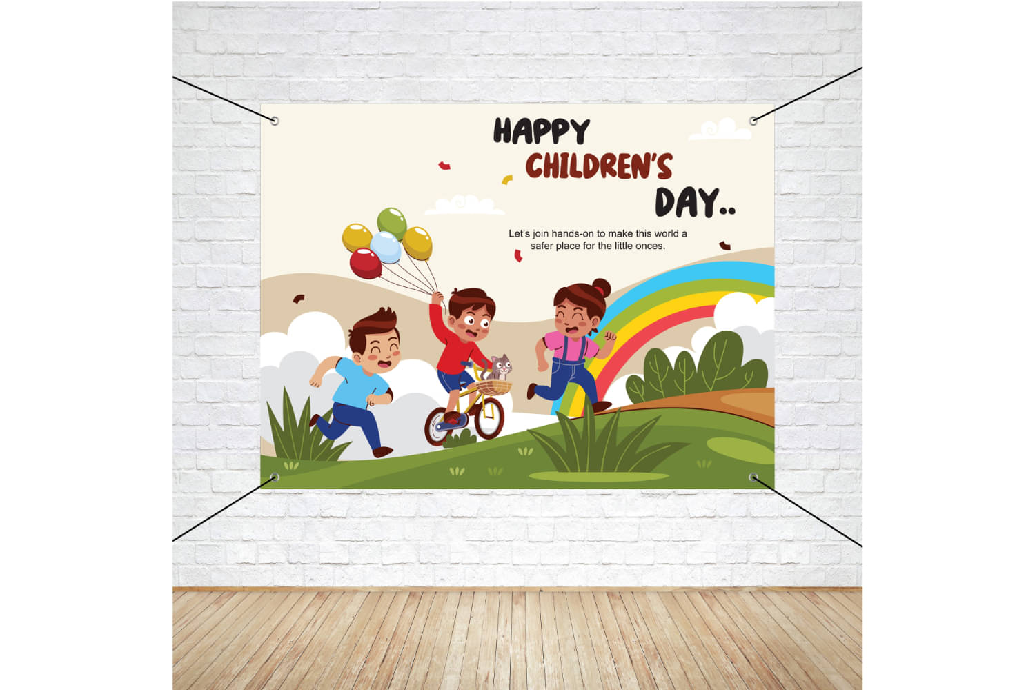     			1iAM Children's Day Decoration Flex 4x3ft - Multicolor "HAPPY CHILDREN'S DAY" Printed Flex Backdrop, Hooks & Ring Ribbon For Wall Decoration | Suitable For Kids Day | Surprise Combo For Home, School