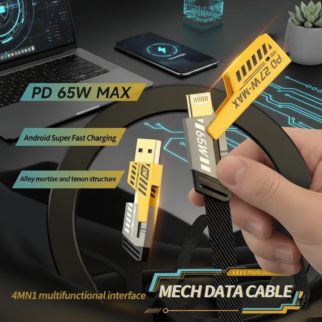     			4-in-1 USB C Cable 65W [Fast Charging & Data Sync] Flat Braided Anti-Tangle iPhone Charger Cord with Multi Charging Cable Combo Type