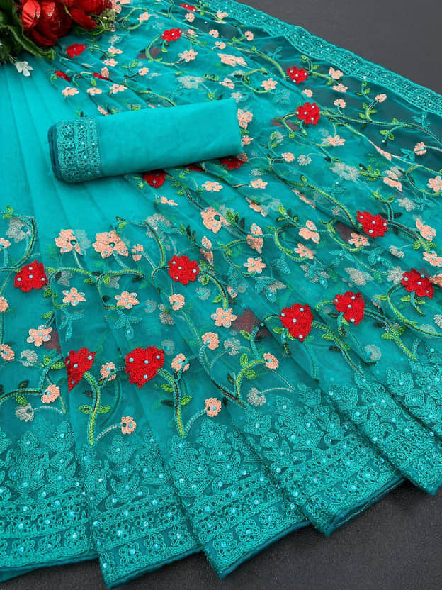 A TO Z CART Net Embroidered Regular Saree With Unstitched Blouse Piece ( Purple ) - Sarees | Buy online on ZillyBuy