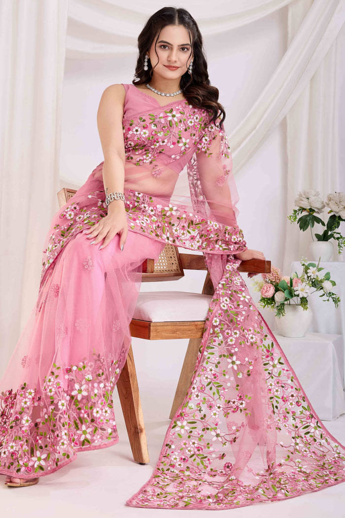 A TO Z CART Net Embroidered Regular Saree With Unstitched Blouse Piece ( Peach ) A TO Z CART Net Embroidered Regular Saree With Unstitched Blouse Piece ( Peach )