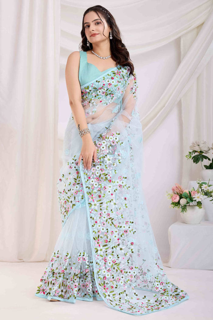 A TO Z CART Net Embroidered Regular Saree With Unstitched Blouse Piece ( Sky Blue ) A TO Z CART Net Embroidered Regular Saree With Unstitched Blouse Piece ( Sky Blue )