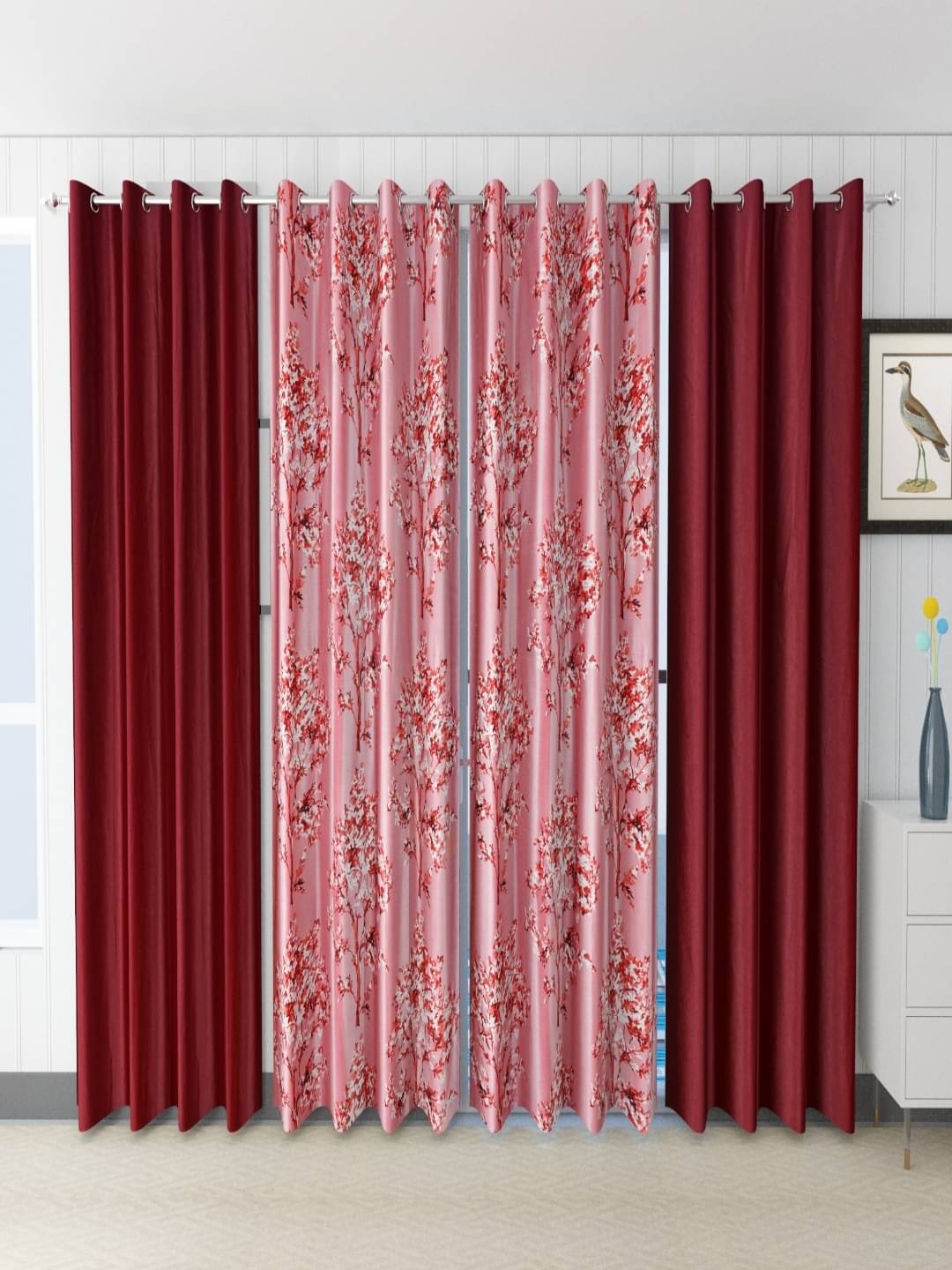     			AADI TRADERS Floral Semi-Transparent Eyelet Curtain 9 ft ( Pack of 4 ) - Maroon