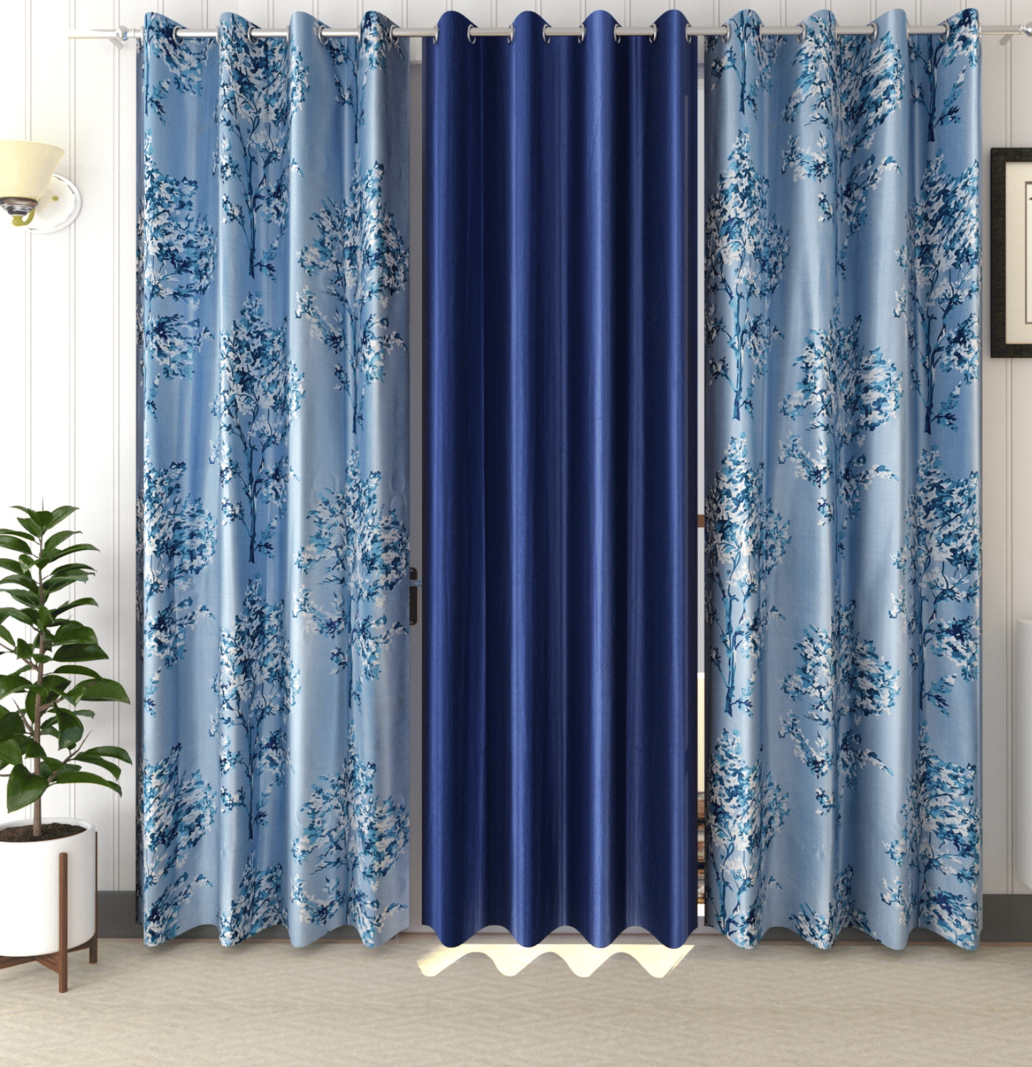 AADI TRADERS Floral Semi-Transparent Eyelet Curtain 7 ft ( Pack of 3 ) - Blue AADI TRADERS Floral Semi-Transparent Eyelet Curtain 7 ft ( Pack of 3 ) - Blue
