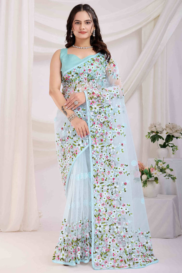    			Aika Net Embroidered Regular Saree With Unstitched Blouse Piece ( Sky Blue )