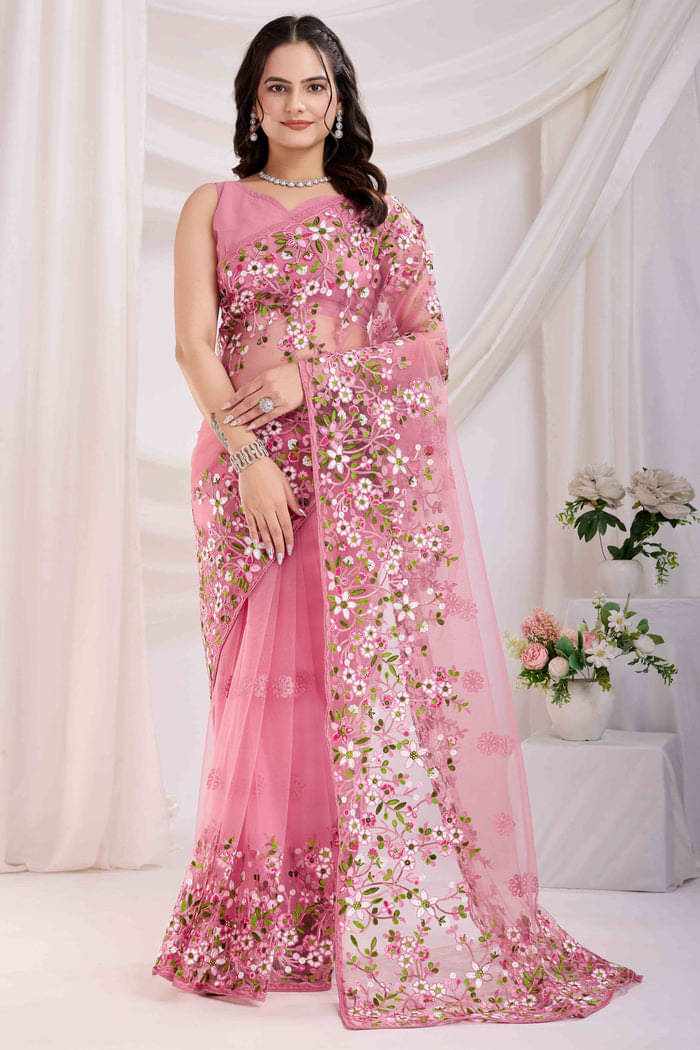 Aika Net Embroidered Regular Saree With Unstitched Blouse Piece ( Peach ) Aika Net Embroidered Regular Saree With Unstitched Blouse Piece ( Peach )