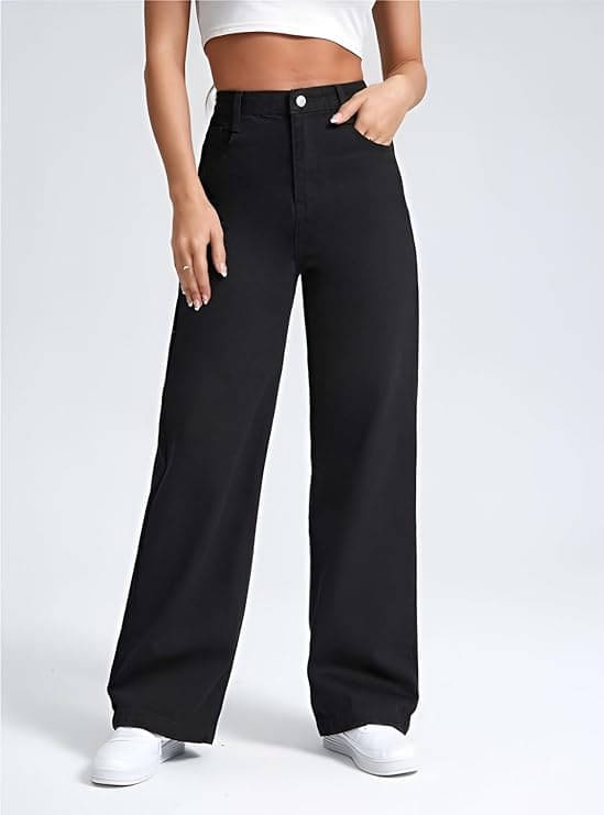     			AngelFab Women's Wide Leg High-Rise Jeans ( Black )