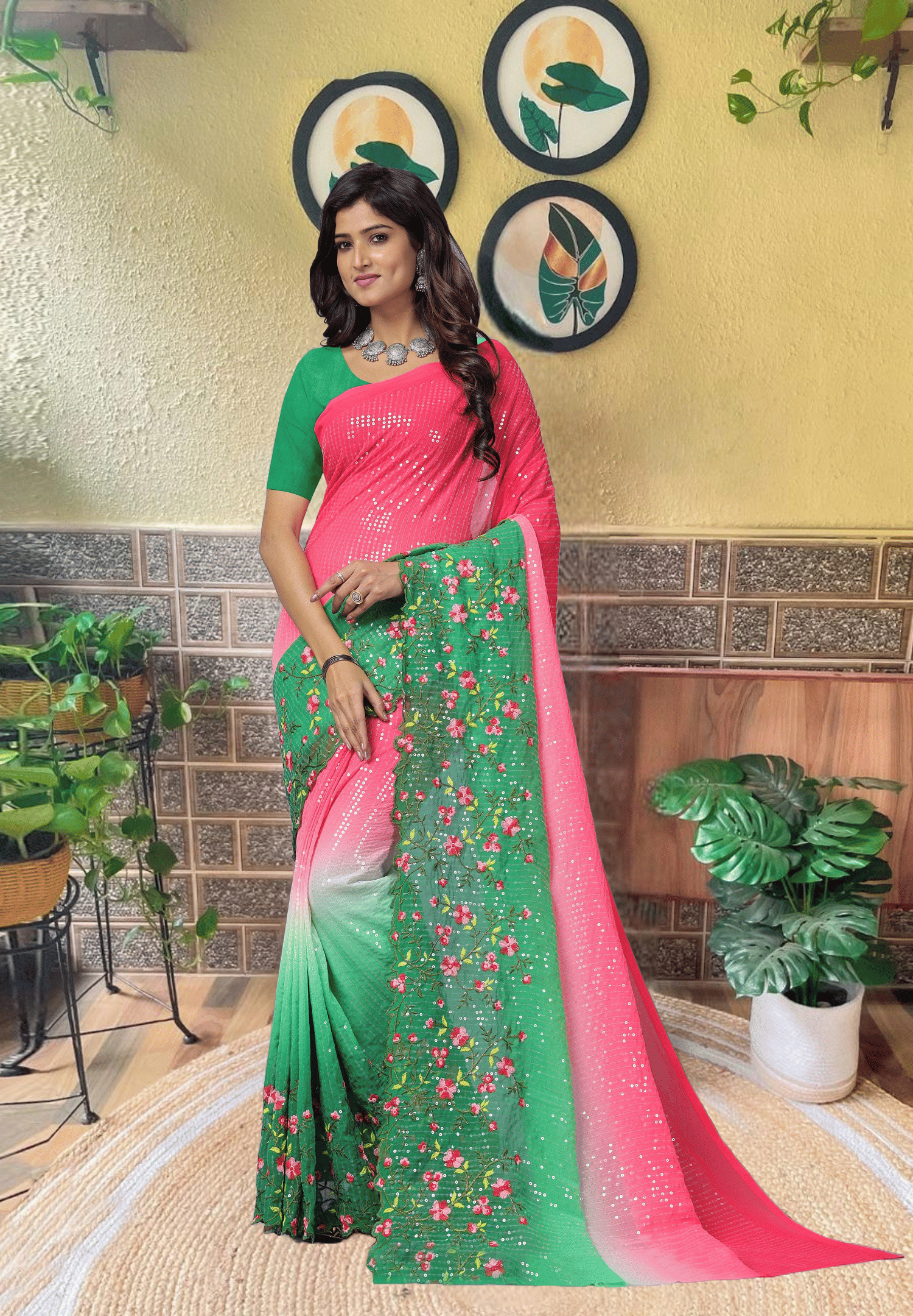     			Apnisha Georgette Embroidered Regular Saree With Unstitched Blouse Piece ( Green )