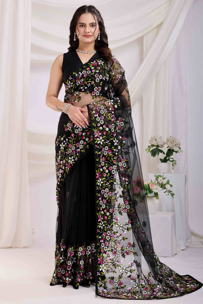 Apnisha Net Embroidered Regular Saree With Unstitched Blouse Piece ( Black ) - Sarees | Buy online on ZillyBuy