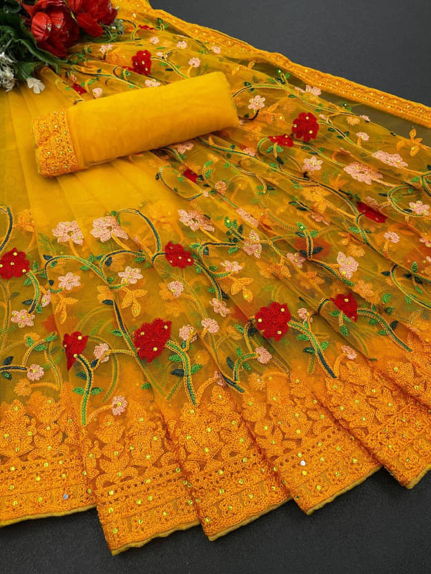 Apnisha Net Embroidered Regular Saree With Unstitched Blouse Piece ( Yellow ) Apnisha Net Embroidered Regular Saree With Unstitched Blouse Piece ( Yellow )