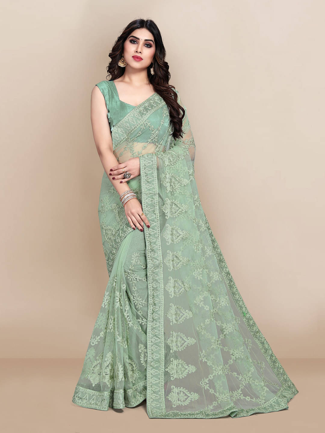     			Apnisha Net Embroidered Regular Saree With Unstitched Blouse Piece ( Sea Green )