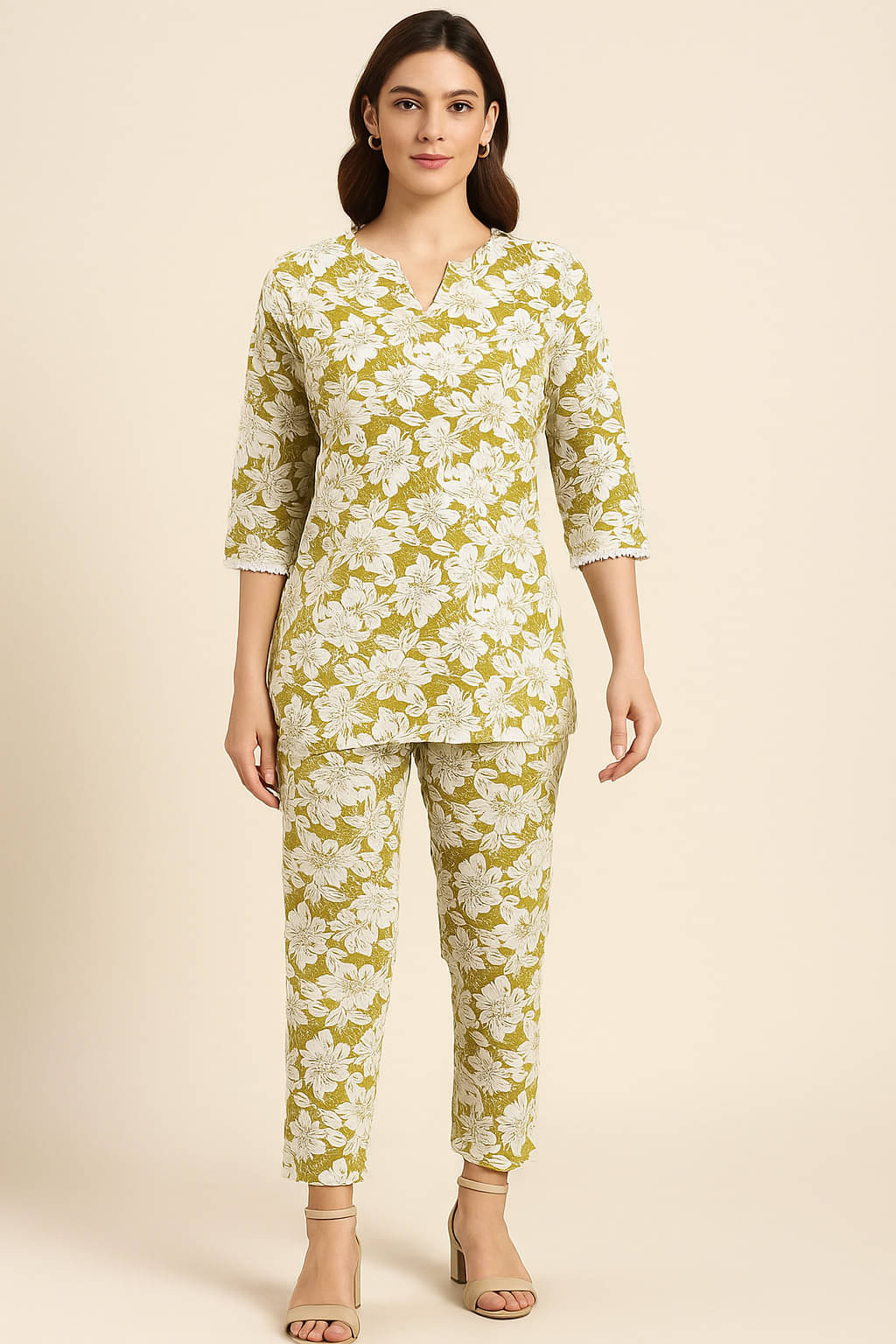     			Bitterlime Cotton Printed Women Shirt with Pyjama ( Olive )