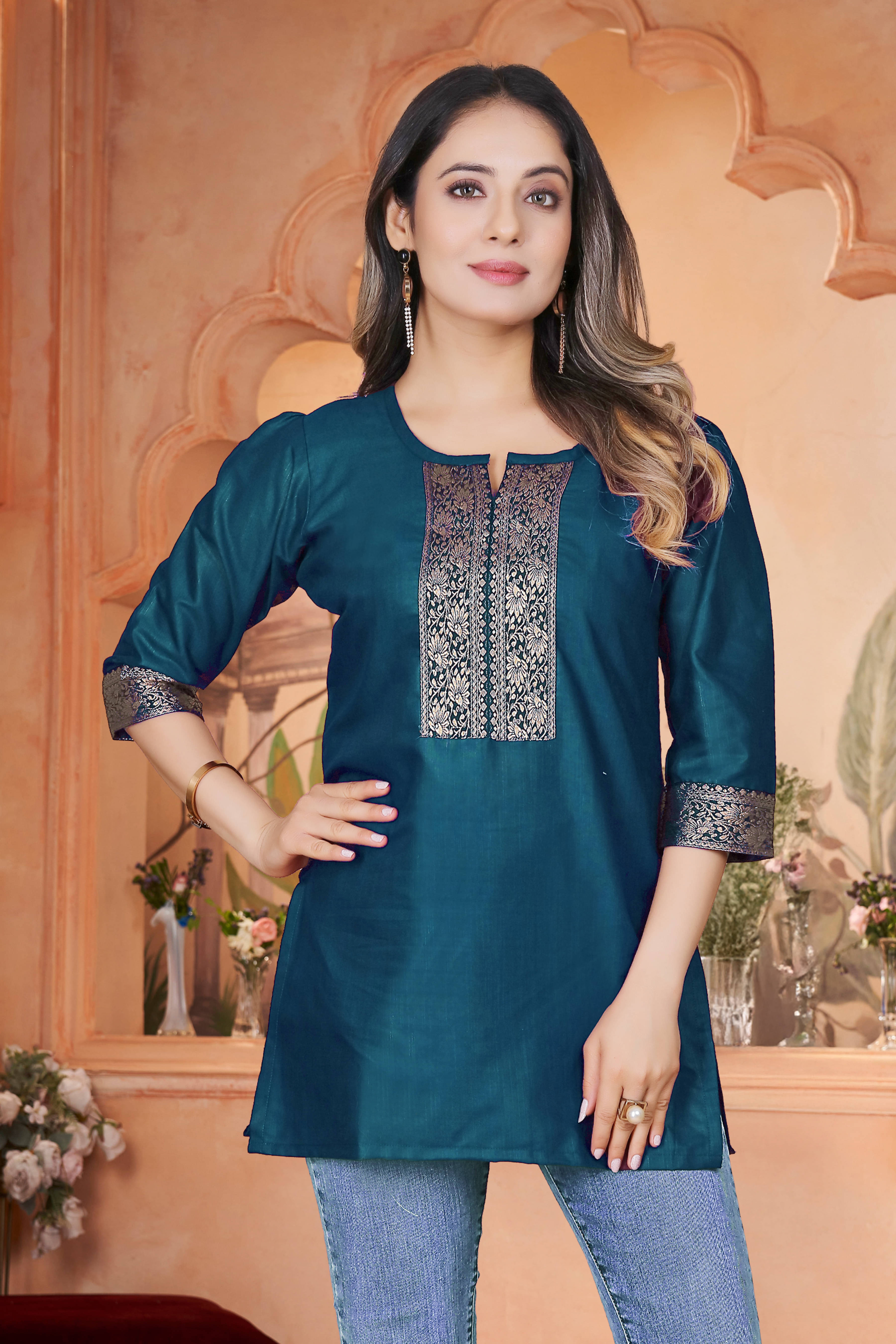     			DHANSHREE TEX Women Viscose Rayon Solid A-line Kurti ( Teal )