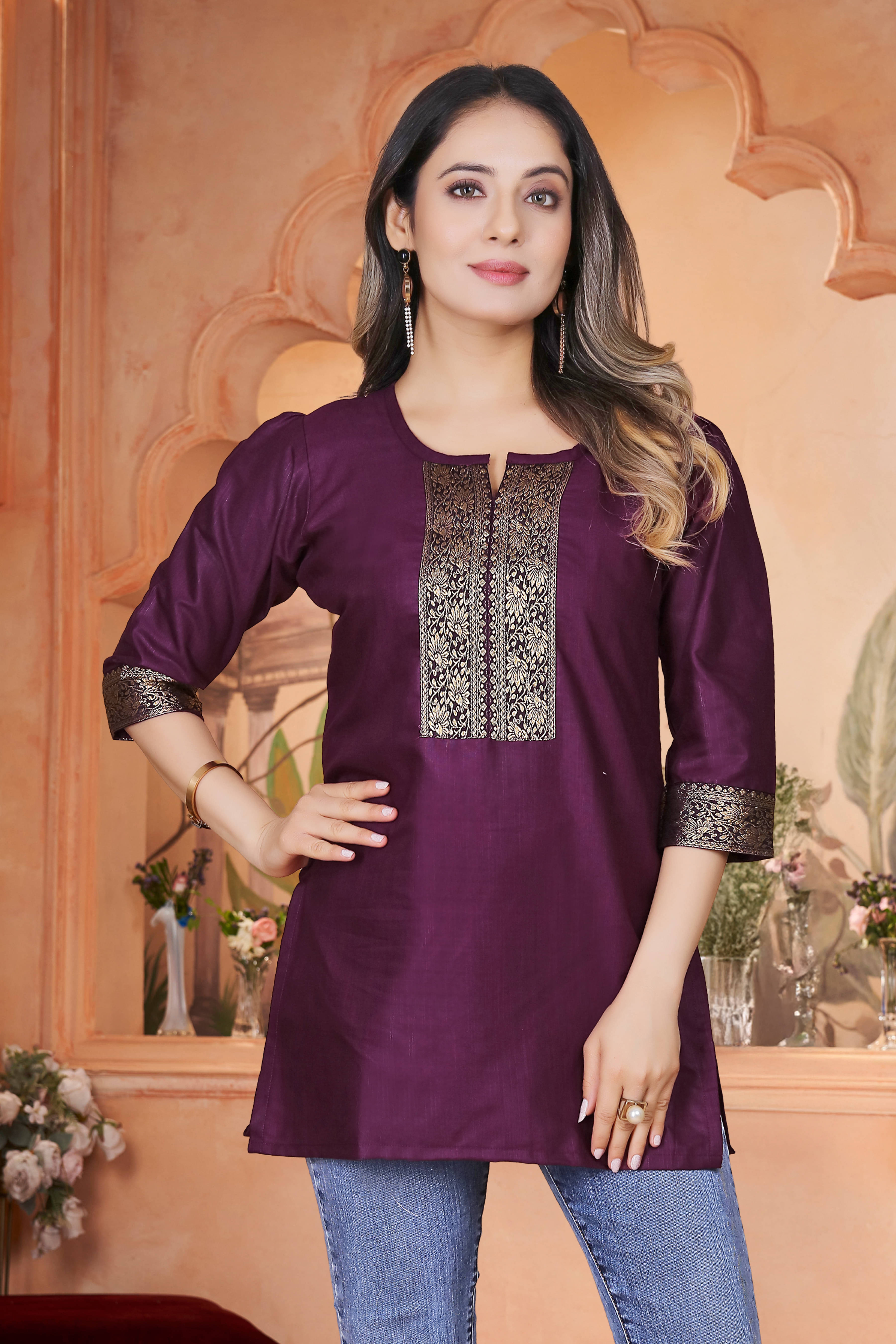     			DHANSHREE TEX Women Viscose Rayon Solid A-line Kurti ( Wine )