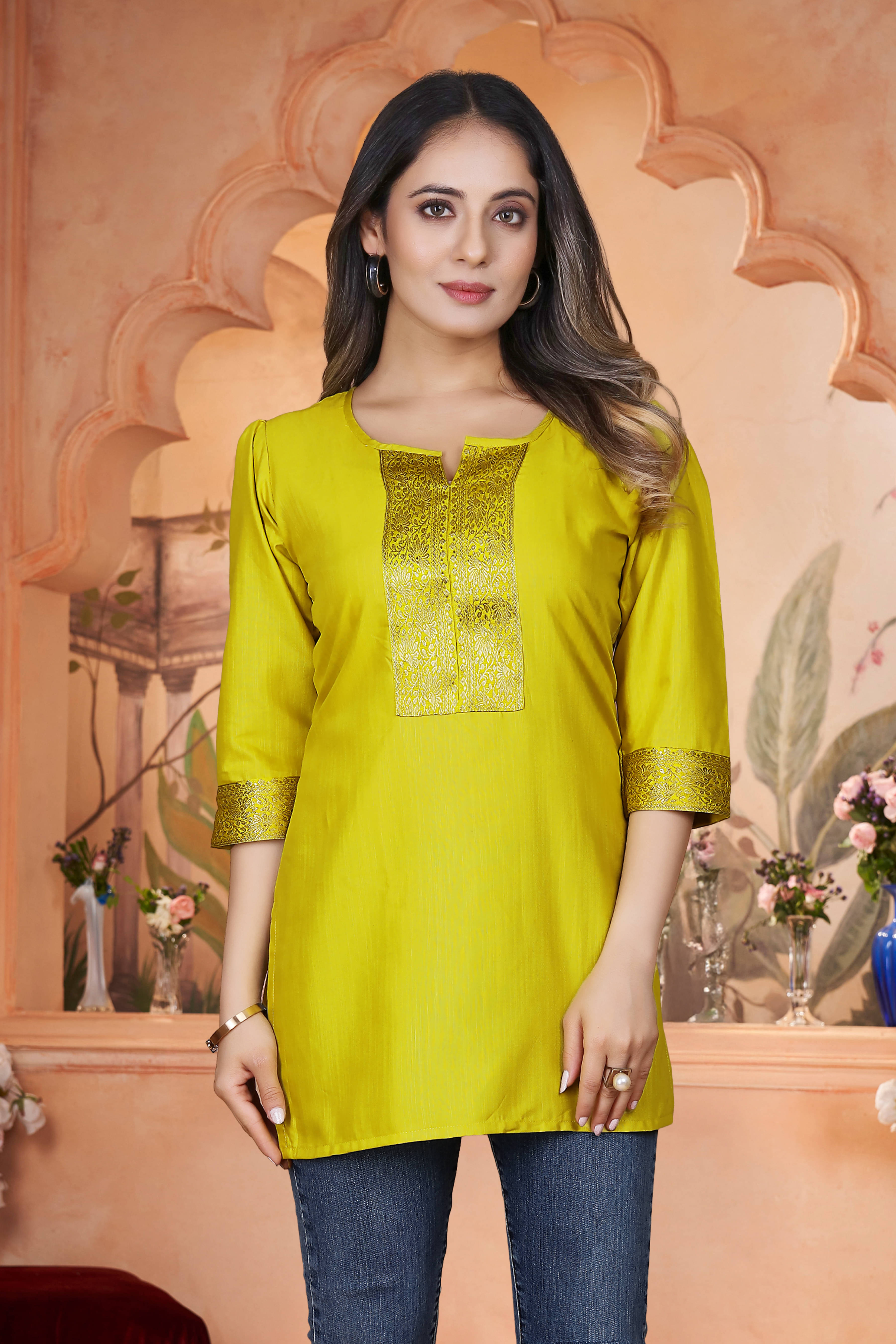     			DHANSHREE TEX Women Viscose Rayon Solid A-line Kurti ( Mustard )