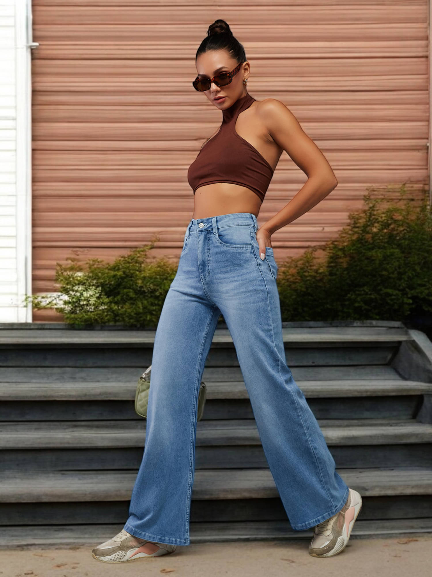     			Dolce Crudo Women's Wide Leg High-Rise Jeans ( Ice Blue )