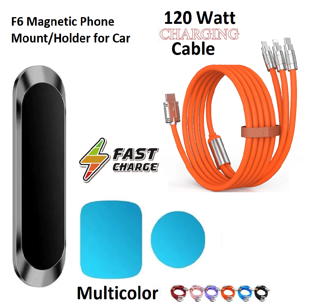 F6 Magnetic Car Phone Holder with 120W Fast Charging Cable | 3-in-1 Multicolor USB Cable Combo for All Smartphones F6 Magnetic Car Phone Holder with 120W Fast Charging Cable | 3-in-1 Multicolor USB Cable Combo for All Smartphones