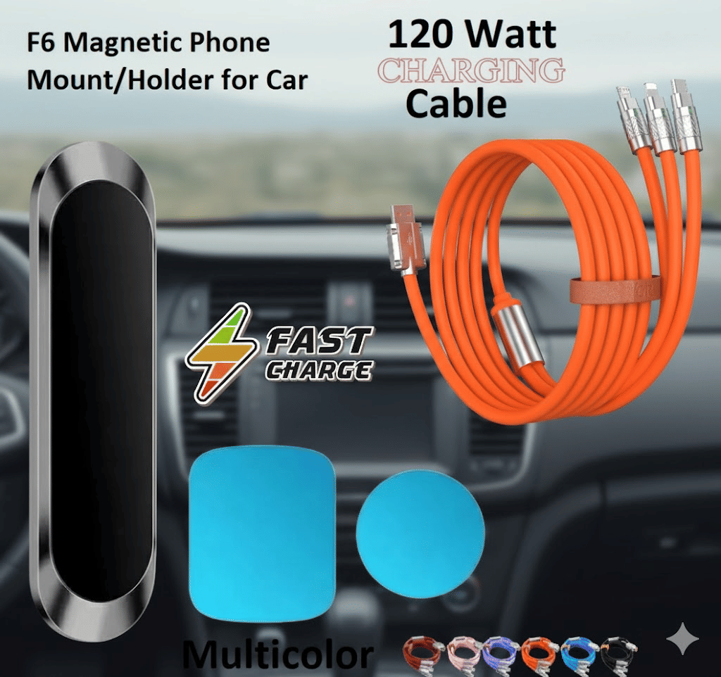 F6 Magnetic Phone Mount for Car + 120W Super Fast Charging Cable | Universal 3-in-1 USB Combo Set F6 Magnetic Phone Mount for Car + 120W Super Fast Charging Cable | Universal 3-in-1 USB Combo Set