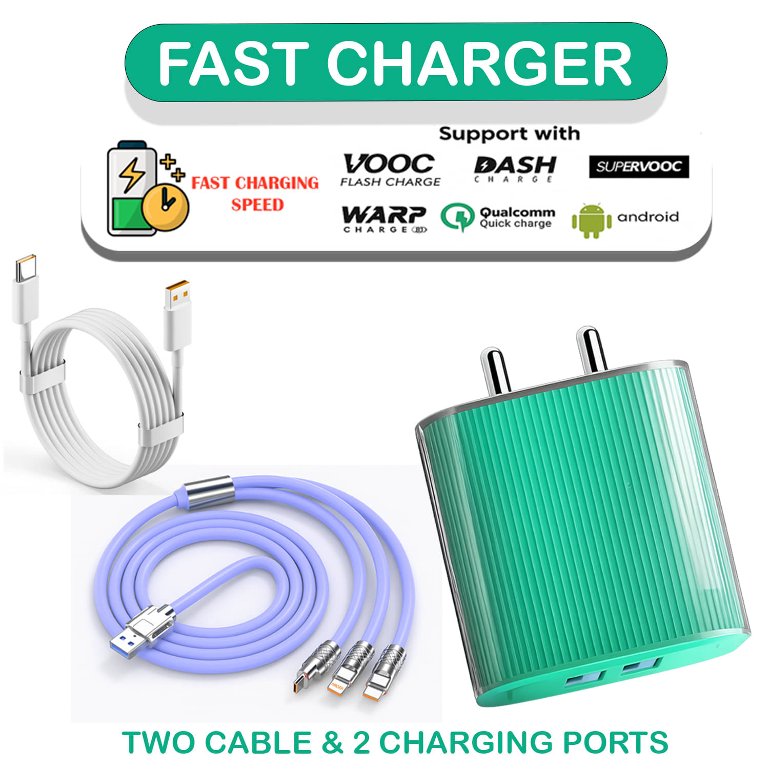 Fast Charging Adapter + Type-C Cable + 3-in-1 USB Cable | Super-Speed Charger Combo Fast Charging Adapter + Type-C Cable + 3-in-1 USB Cable | Super-Speed Charger Combo