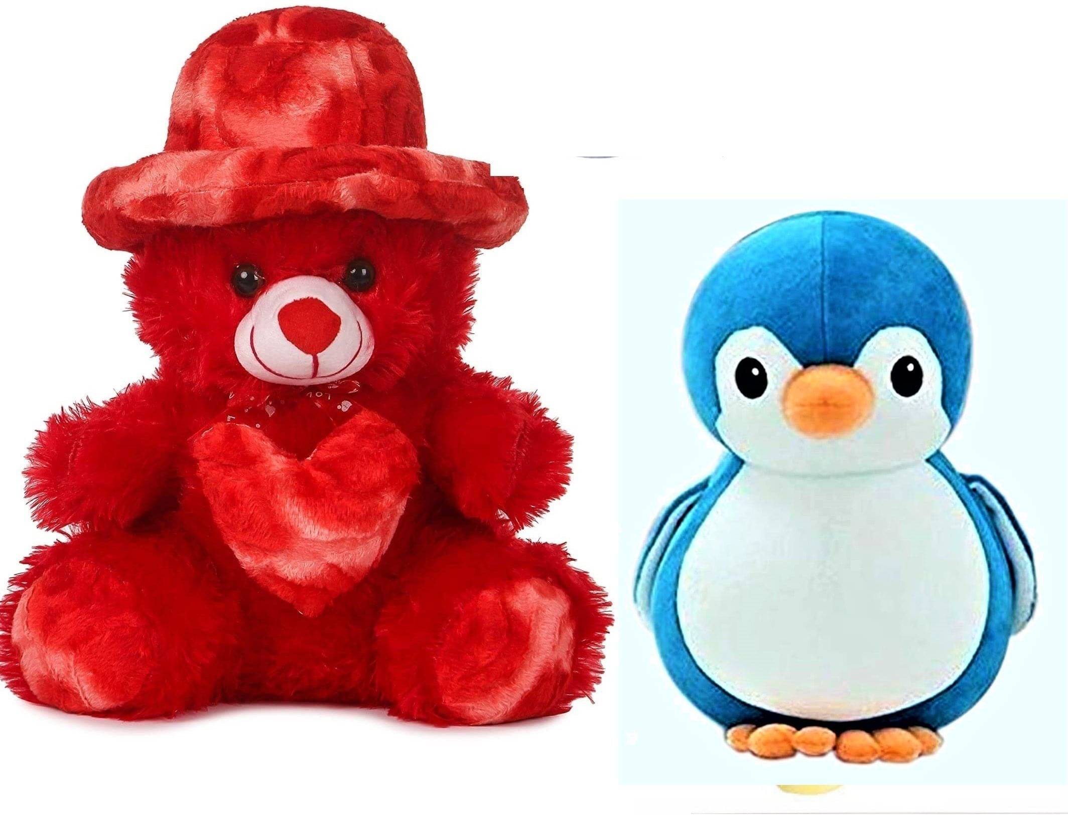     			HELLOBEAR Combo Sitting Cap Teddy Bear With Blue Penguin Soft Toy for kids girls  - 30 cm (Red)