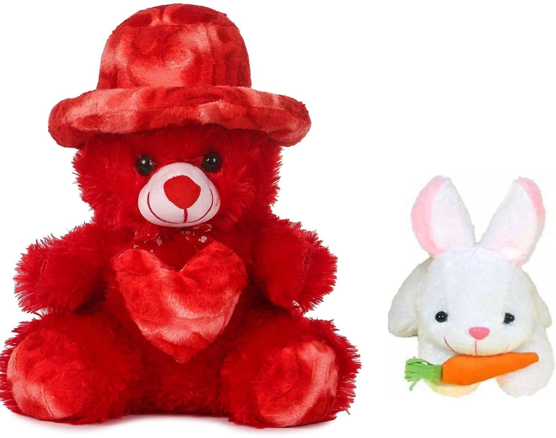     			HELLOBEAR Combo Sitting Cap Teddy Bear With White Cute Rabbit Soft Toy for kids girls  - 30 cm (Red)