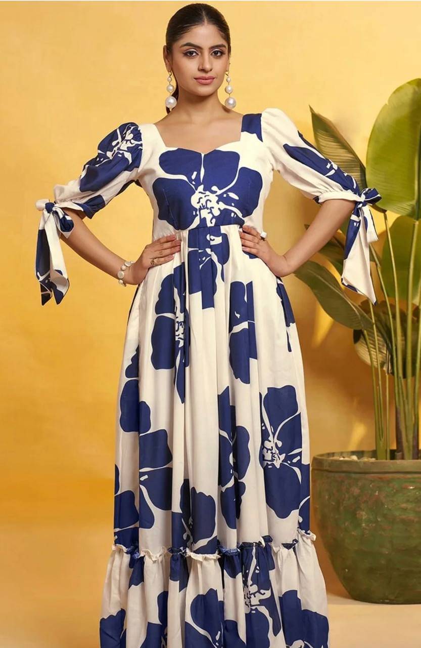 JRDEGINER Women Rayon Printed Gown ( Blue )     			JRDEGINER Women Rayon Printed Gown ( Blue )