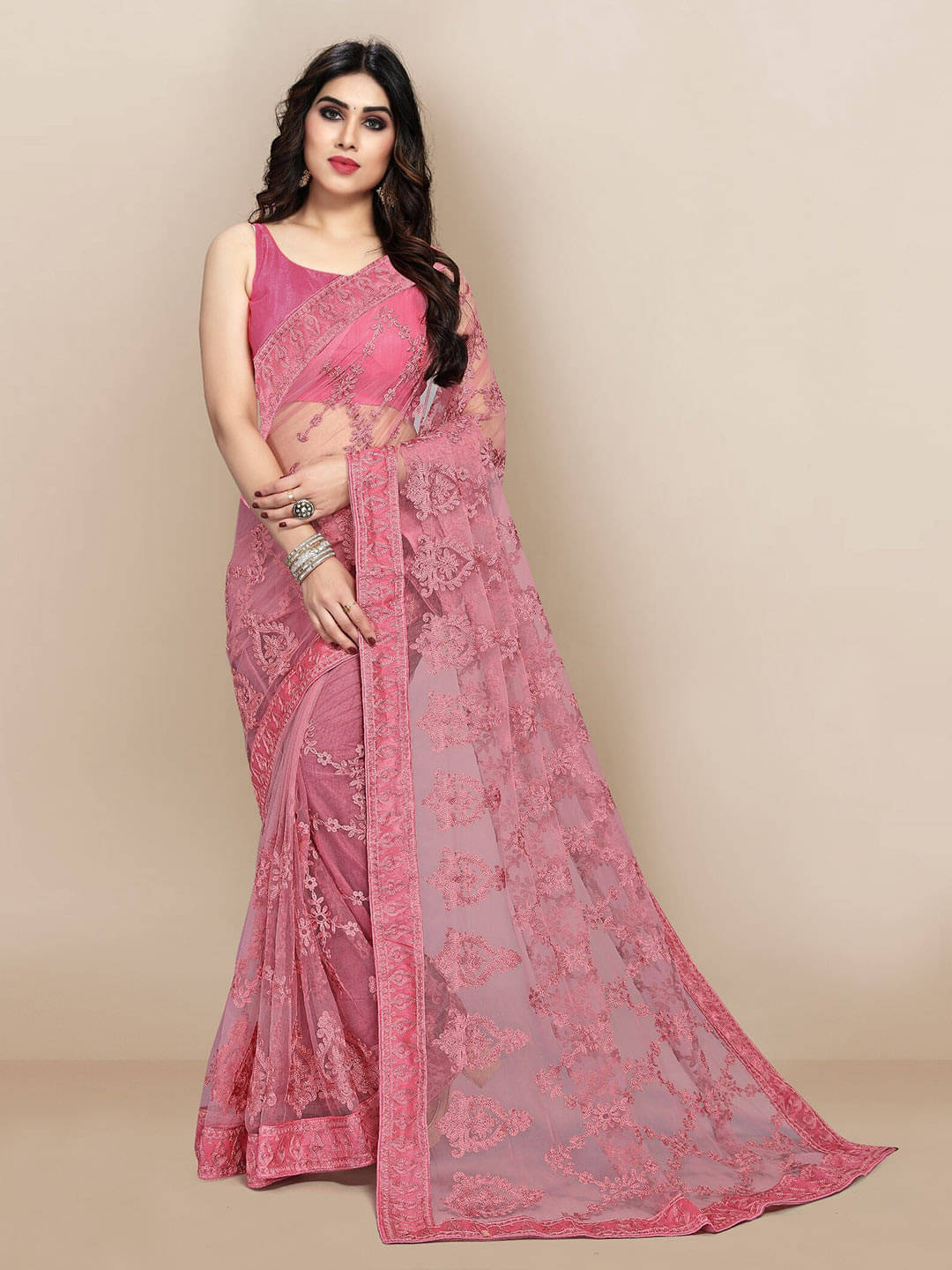 JULEE Net Embroidered Regular Saree With Unstitched Blouse Piece ( Peach ) JULEE Net Embroidered Regular Saree With Unstitched Blouse Piece ( Peach )