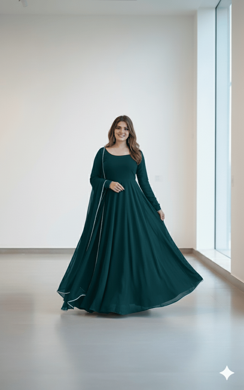     			Jeesha Clothing Women Georgette Anarkali Stitched Ethnic Gown With Dupatta ( Teal )