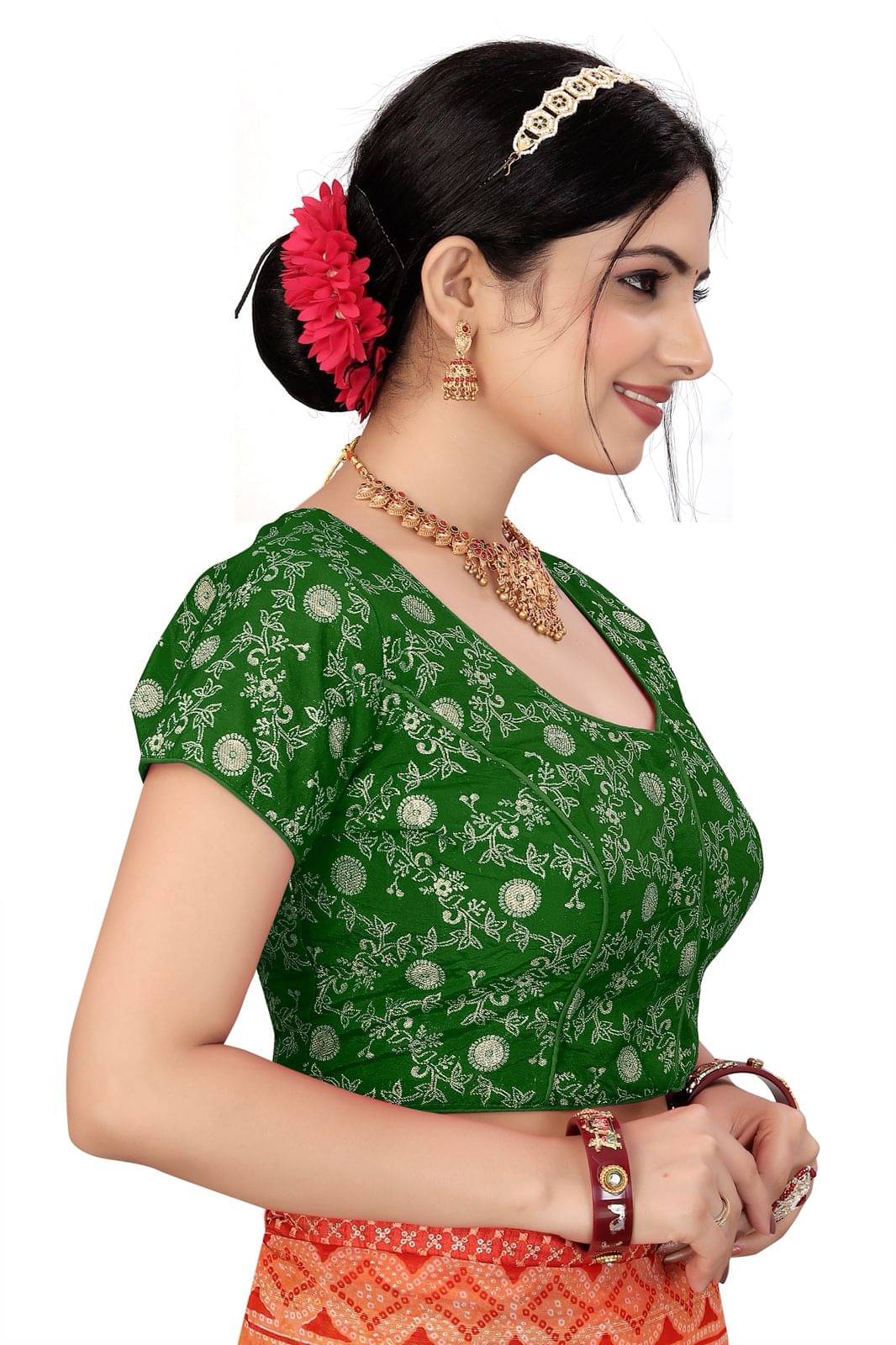 KALAVATI FASHION Banarasi Readymade with Pad Round Neck Women's Blouse ( Green ) KALAVATI FASHION Banarasi Readymade with Pad Round Neck Women's Blouse ( Green )