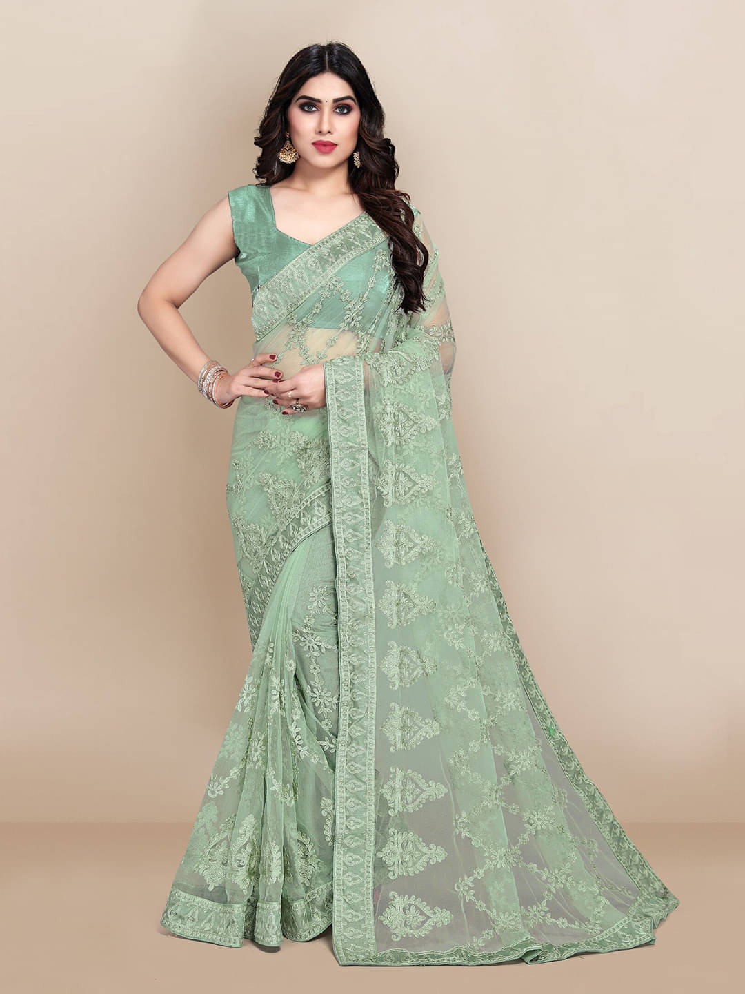 KV Fashion Net Embroidered Regular Saree With Unstitched Blouse Piece ( Sea Green ) KV Fashion Net Embroidered Regular Saree With Unstitched Blouse Piece ( Sea Green )