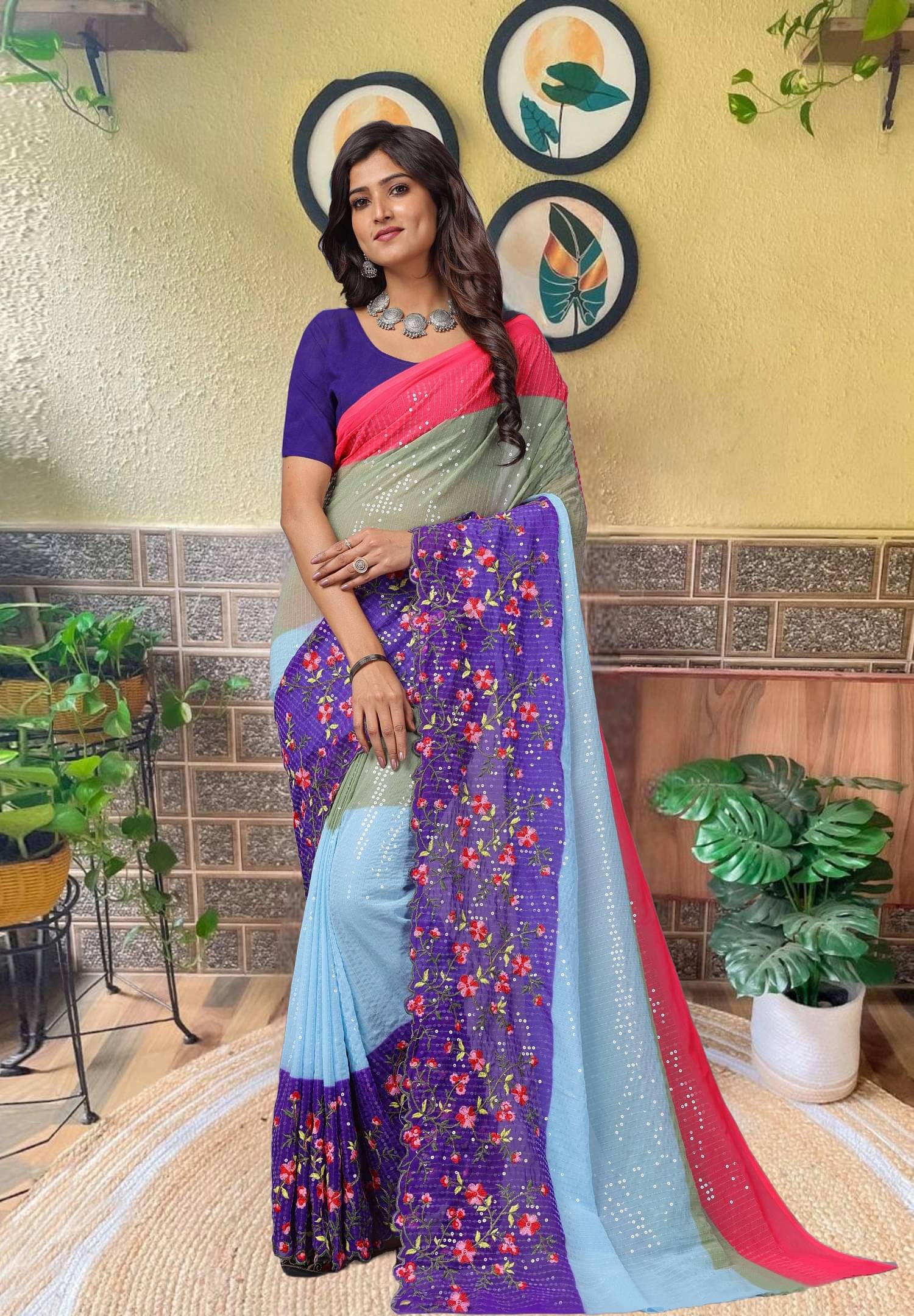     			Lady Shopi Georgette Embroidered Regular Saree With Unstitched Blouse Piece ( Purple )