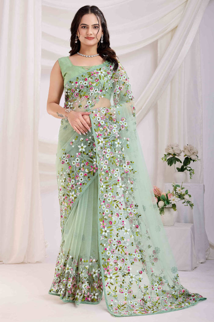 Lady Shopi Net Embroidered Regular Saree With Unstitched Blouse Piece ( Sea Green ) Lady Shopi Net Embroidered Regular Saree With Unstitched Blouse Piece ( Sea Green )